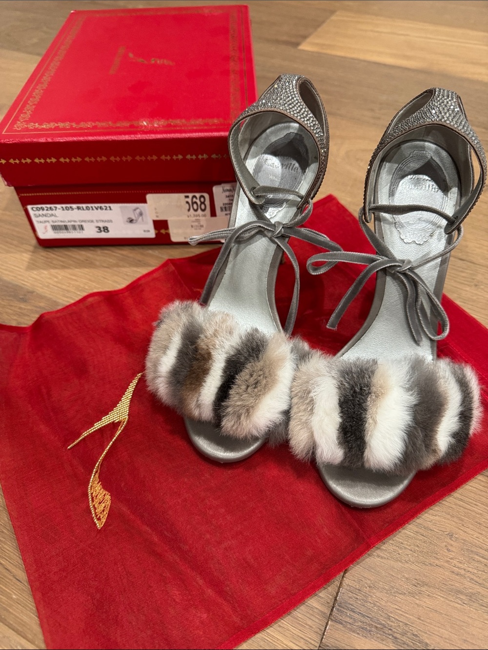 Rene Caovilla AUTHENTIC Taupe, Grey, Silver Fur Sandals with crystals
